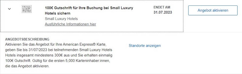 American Express Gutschrift in Höhe von 100 EUR bei den Small Luxury Hotels SLH bis 31.07.2023