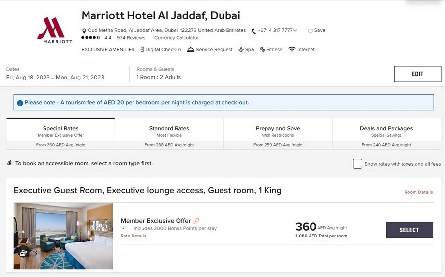 Verfügbarkeit der Rate mit Bonuspunkten bei Buchung bis 04.09.2023 im Marriott Al Jaddaf, Dubai