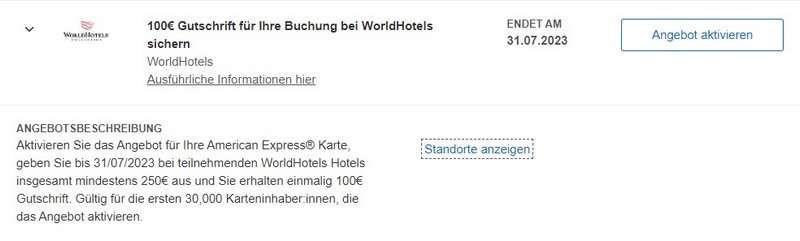American Express Gutschrift von 100 EUR bei Worldhotels bis 31.07.2023