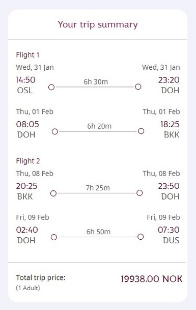 Preisbeispiel von Oslo nach Bangkok und zurück nach Düsseldorf in der Qatar Airways Business-Class
