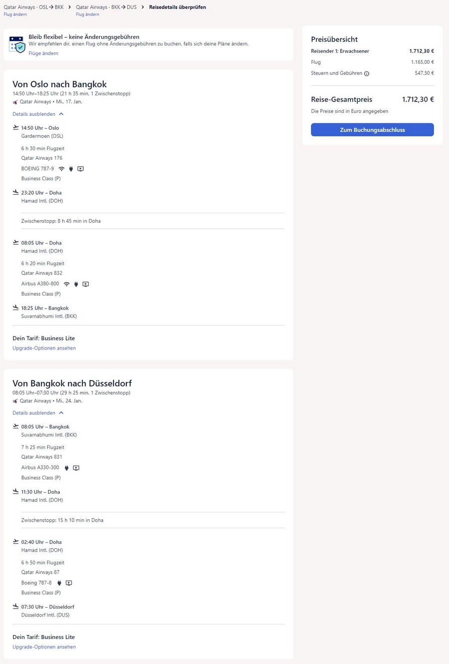 Preisbeispiel von Oslo nach Bangkok und zurück nach Düsseldorf in der Qatar Airways Business-Class bei Expedia