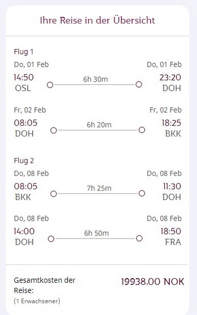 Preisbeispiel von Oslo nach Bangkok und zurück nach Frankfurt in der Qatar Airways Business-Class