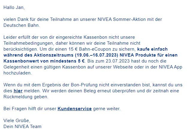 Mail mit Ablehung bei der Einlösung