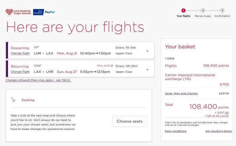 Ihr könnt bei Buchung von Virgin Atlantic Flüge bis 24.07.2023 33% sparen- hier ein Beispiel von London nach Los Angeles in der Upper Class (Peak)