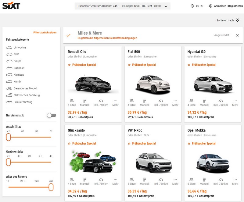 Sixt Miles and More Raten bei Buchung bis 31.07.2023