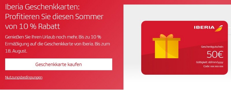 Iberia bietet Euch bis 18.08.2023 10% Ermäßigung auf Geschenkkarten mit denen Ihr für Flüge bis 18.08.2024 sparen könnt