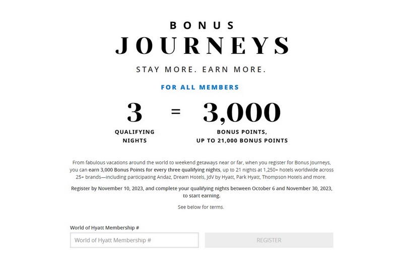 Bonus Journey Promotion mit 3.000 Punkte World of Hyatt Punkte bis 30.11.2023 für je drei Nächten bei Registrierung bis 10.11.2023