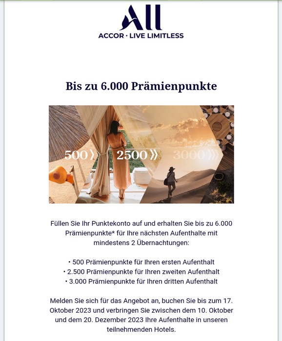 ALL - Accor Live Limitless 6.000 Punkte Promotion für Aufenthalte bis 20.12.2023