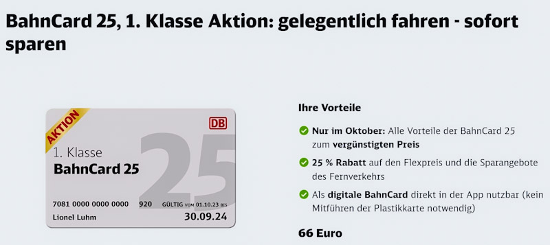 Bahncard Aktion der Deutsche Bahn im Oktober 2023 - bis 31.10.2023 erhaltet Ihr die Bahncard 25 First für 66 EUR