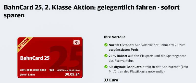 Bahncard Aktion der Deutsche Bahn im Oktober 2023 - bis 31.10.2023 erhaltet Ihr die Bahncard 25 für 33 EUR