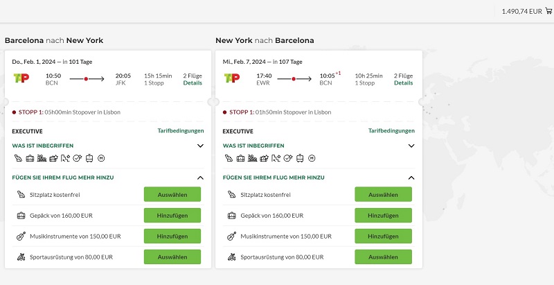 Preisbeispiel von Barcelona nach New York in der TAP Air Portugal Business-Class