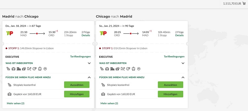 Preisbeispiel von Madrid nach Chicago in der TAP Air Portugal Business-Class