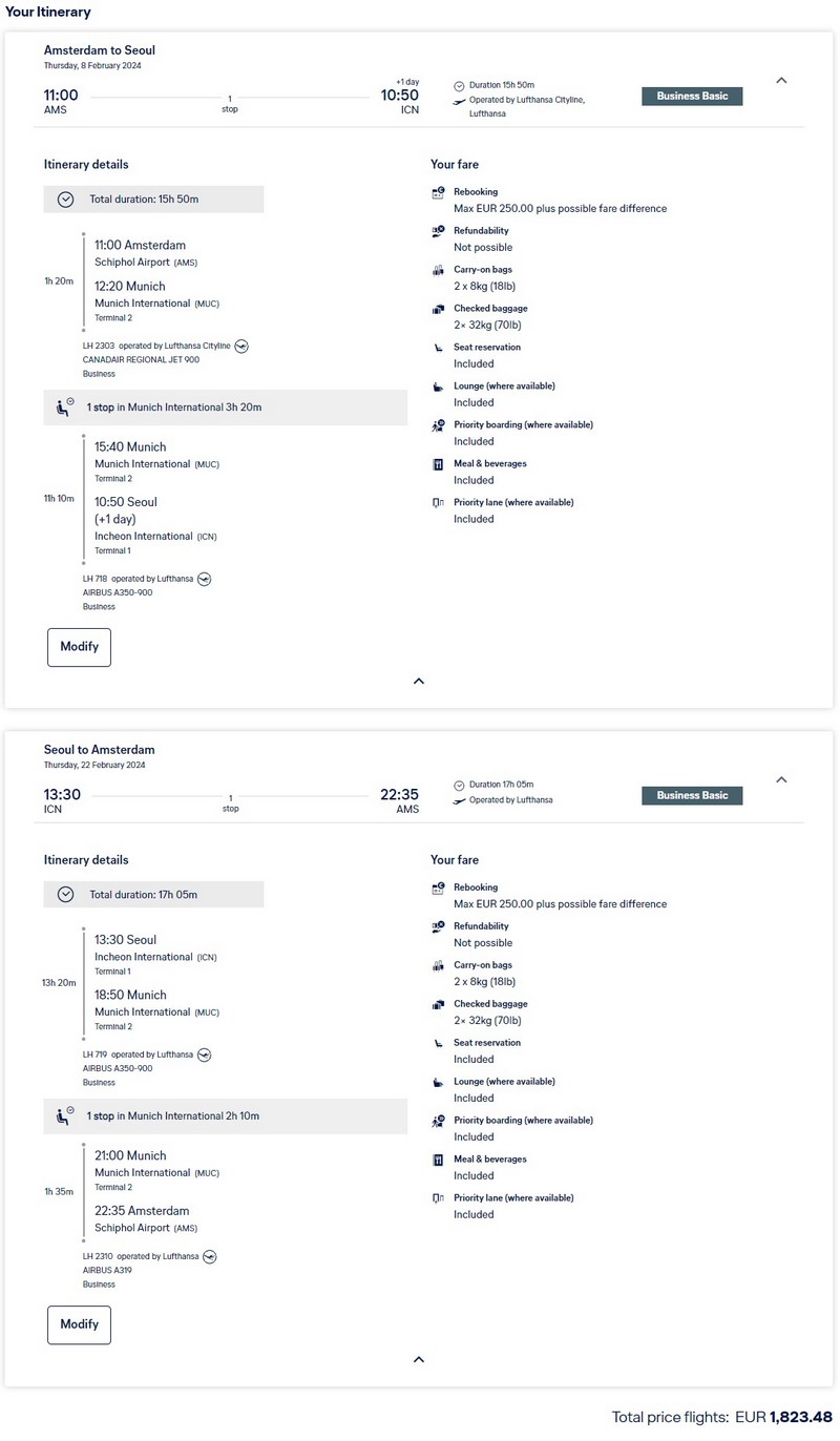 Preisbeispiel für Flüge ab Amsterdam nach Seoul in der Lufthansa Business-Class ab 1830 EUR