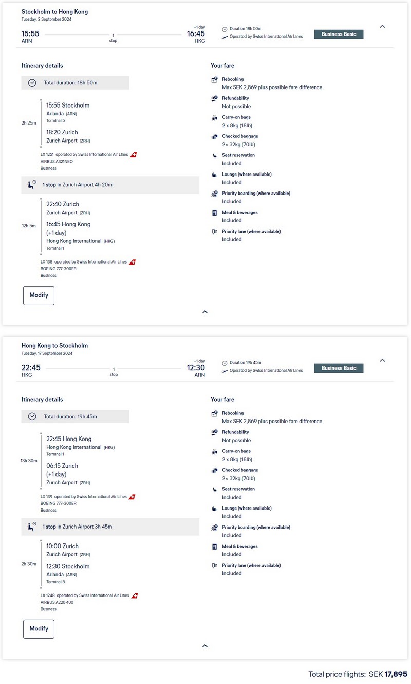 Preisbeispiel für Flüge ab Stockholm nach Hong Kong in der Swiss Business-Class ab 1.620 EUR