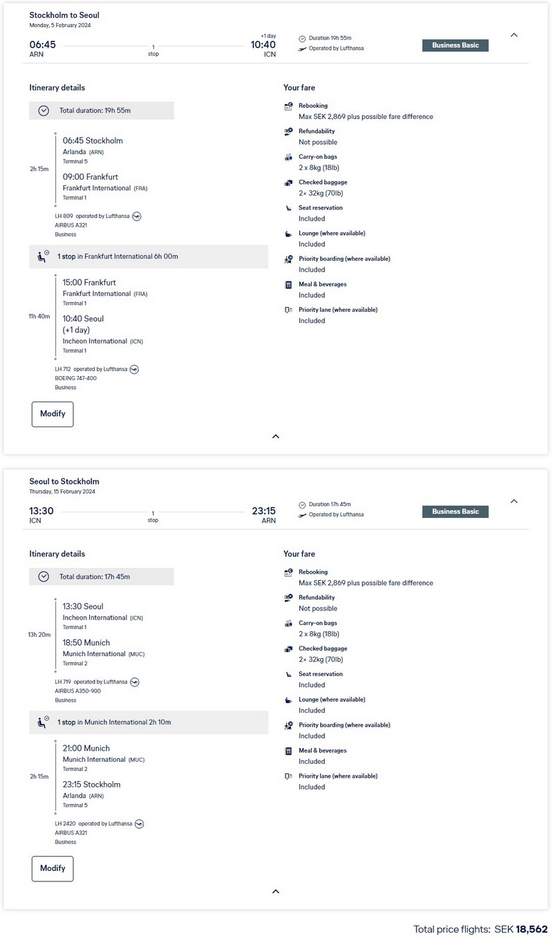 Preisbeispiel für Flüge ab Stockholm nach Seoul in der Lufthansa Business-Class ab 1.620 EUR