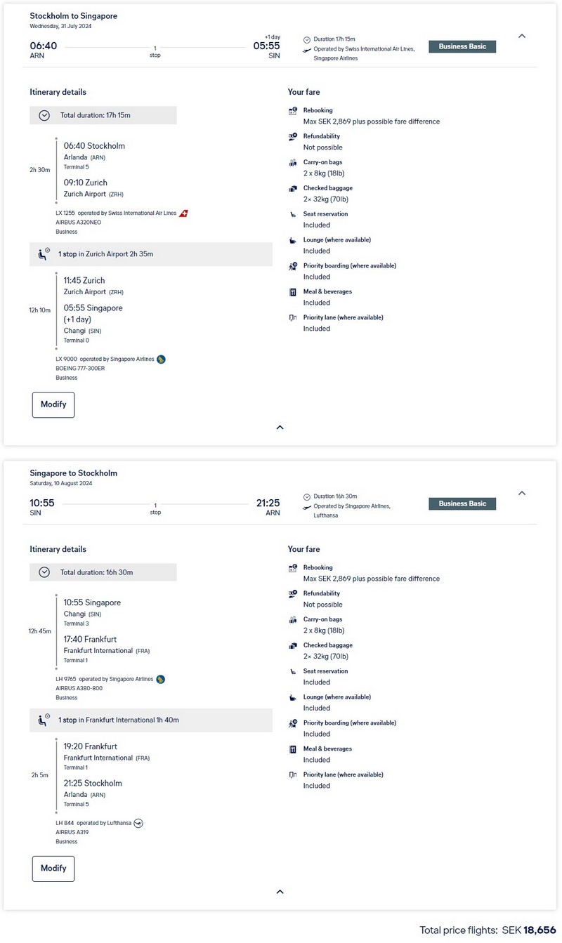 Preisbeispiel für Flüge ab Stockholm nach Singapore in der Singapore Airlines Business-Class ab 1.680 EUR - gebucht über die Lufthansa Homepage