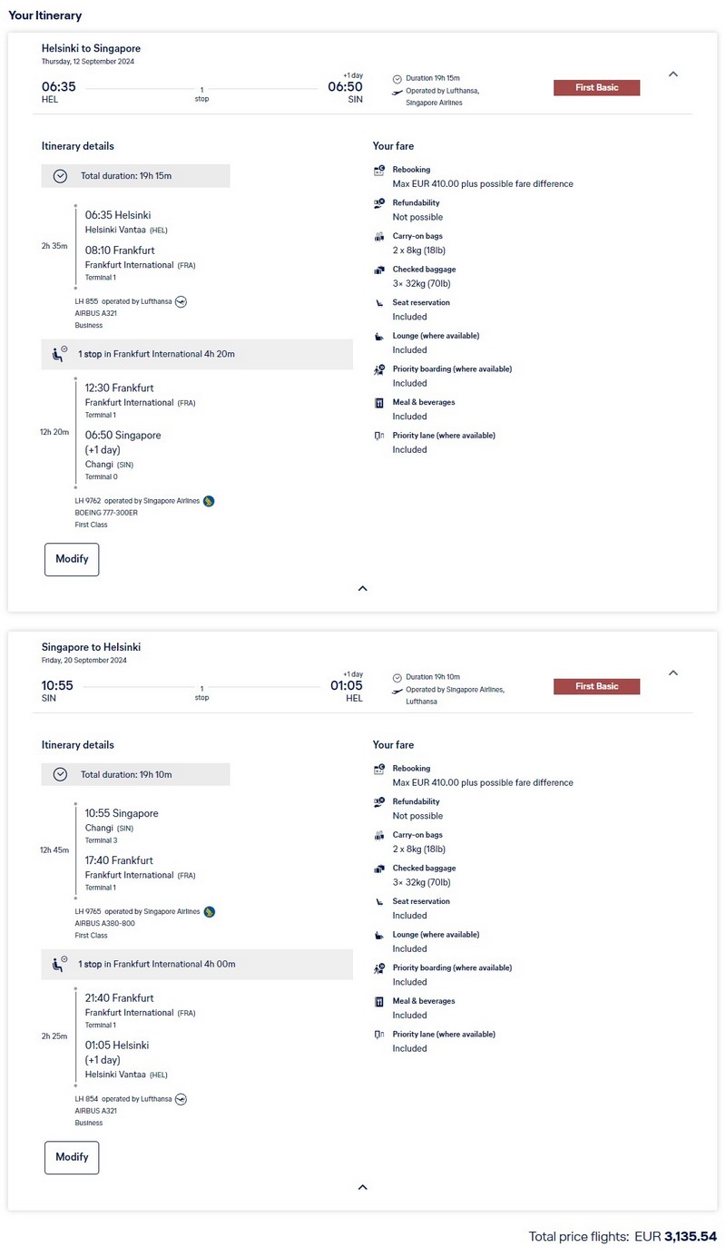 Preisbeispiel für Flüge ab Helinki nach Singapore in der Singapore Airlines First -Class ab 3.140 EUR - gebucht über die Lufthansa Homepage
