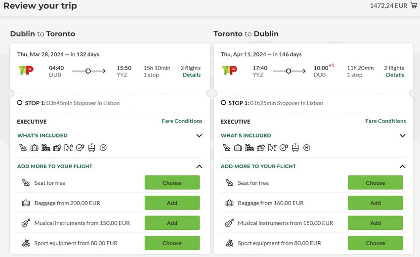 Preisbeispiel zur Cyber Week 2023 von Dublin nach Toronto in der TAP Air Portugal Business-Class bei Buchung bis 24.11.2023