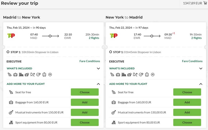 Preisbeispiel zur Cyber Week 2023 von Madrid nach New York in der TAP Air Portugal Business-Class bei Buchung bis 24.11.2023