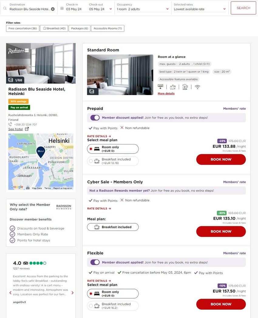 Preisbeispiel Radisson Blu Seaside Helsinki- Vergleich aller Raten mit Radisson Cyber Sale 2023