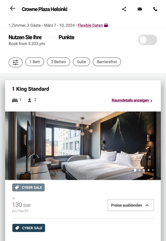 Verfügbarkeit des IHG Cyber Sale 2023 für Buchung bis 28.11.2023 im Crowne Plaza Helsinki in der App