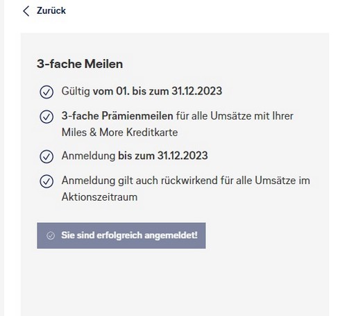 Bestätigung zur Aktion der Miles and More Krteditkarte vom 01.12.2023 bis 31.12.2023 mit dreifache Meilen 