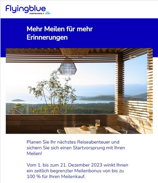 Beim Flying Blue Meilenkauf bis 21.12.2023 gibt es einen Bonus von 100% - gut aber nur zum Auffüllen des Air France - KLM Flying Blue Kontos