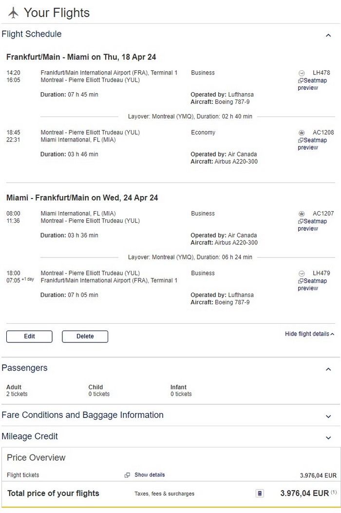 Preisbeispiel für Lufthansa Partnertarif von Frankfurt nach Miami in der Lufthansa und Air Canada Business-Class bei Buchung bis 15.02.2024