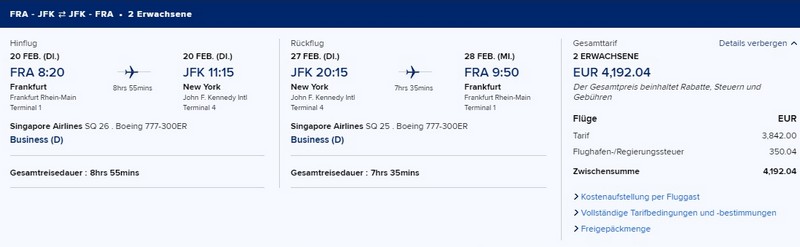 Preisbeispiel für bis 15.02.2024 buchbaren Partnertarif von Frankfurt nach New York in der Singapore Airlines Business-Class