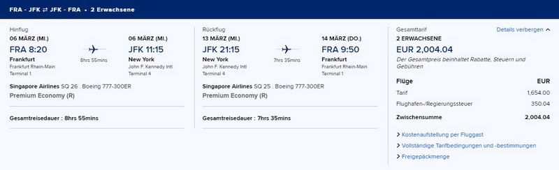 Preisbeispiel für bis 15.02.2024 buchbaren Partnertarif von Frankfurt nach New York in der Singapore Airlines Premium-Economy-Class