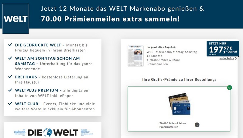 Bis Ende April 2024 könnt Ihr mit einem Abo der Welt 70.000 Miles and More Meilen sammelb