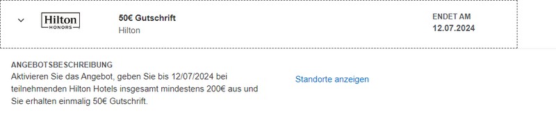 Gutschrift von 50 EUR von American Express für Ausgaben in teilnehmenden Hilton Hotels in Höhe von 200 EUR bis 12.07.2024
