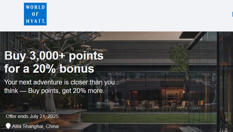 20% Bonus beim Kauf von World of Hyatt Punkten bis 21.07.2025