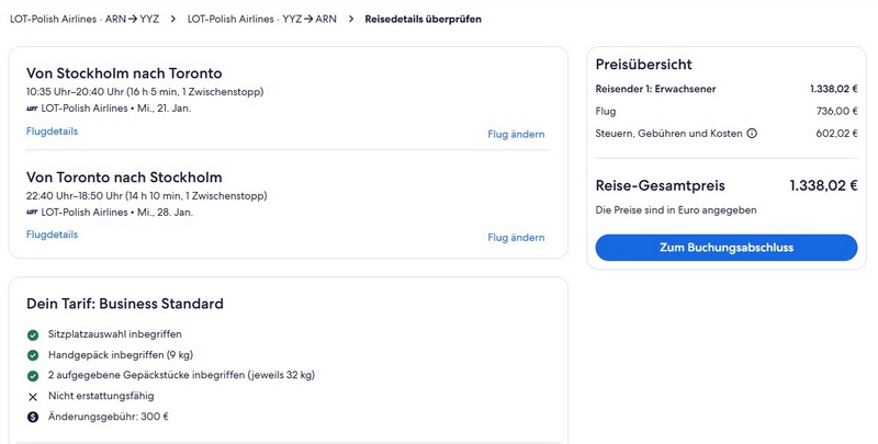 Preisbeispiel von Stockholm in Schweden nach Toronto in Kanada in der LOT Business-Class auf Expedia