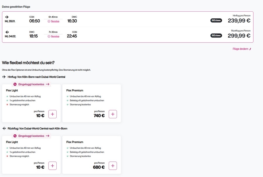 Preisbeispiel für Eurowings Business BIZClass von Köln nach Dubai (DXB) ab 540 EUR