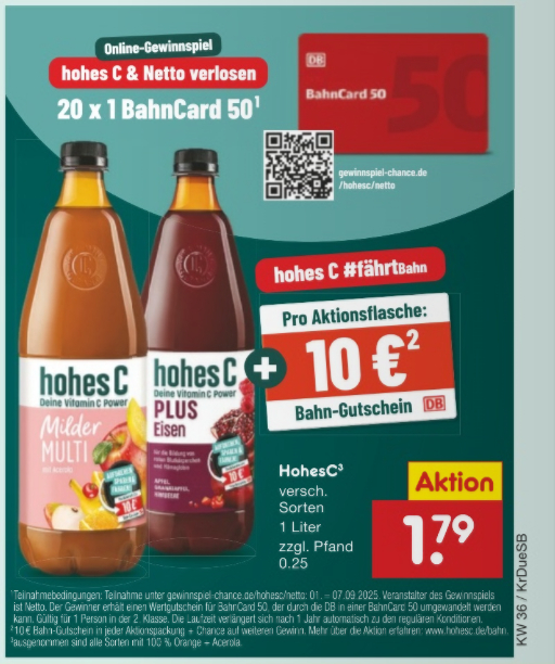 Ab 01.09.2025 findet Ihr 10 EUR Gutscheine für Fahrten mit der Deutschen Bahn in verschiedenen "hohes C" Produkten