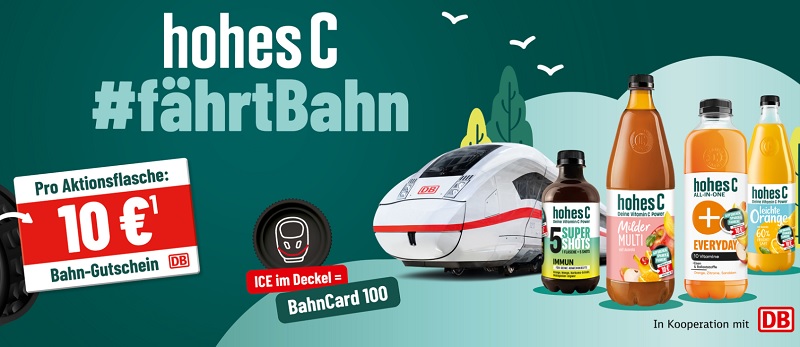 10 EUR Gutscheine für Fahrten mit der Deutschen Bahn in verschiedenen "Hohes C" Flaschen