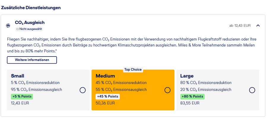 CO2 Kompensation bei Buchung über die Lufthansa Homepage - hier für einen Flug von Düsseldorf nach Stockholm