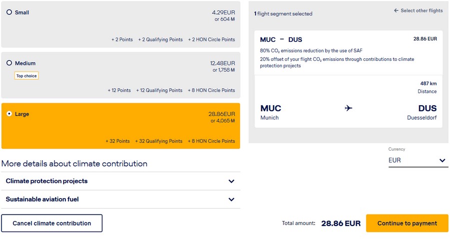 CO2 Kompensation via Miles and More Homepage für Lufthansa Flug München - Düsseldorf in der Business-Class