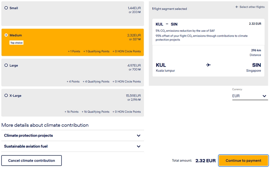 CO2 Kompensation via Miles and More Homepage für Lufthansa Flug Kuala-Lumpur - Singapore in der Economy-Class