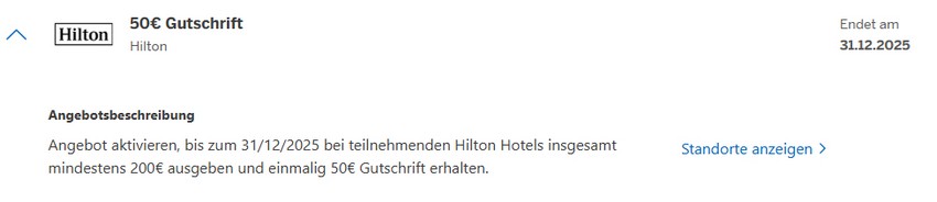 Für Ausgaben von 200 EUR bei Hilton bis 31.12.2025 gibt es eine 50 EUR Gutschrift auf dem American Express Kartenkonto