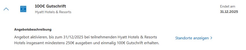American Express Gutschrift von 100 EUR bei Hyatt Hotels bis 31.12.2025
