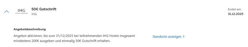 Gutschrift in Höhe von 50 EUR von American Express für einen Umsatz von 200 EUR in vielen europäischen IHG Hotels bis 31.12.2025