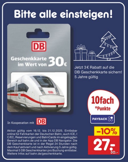 DB Geschenkkarten bei Netto mit 3 EUR Rabatt 21.12.2025 und zehnfachen Payback Punkten