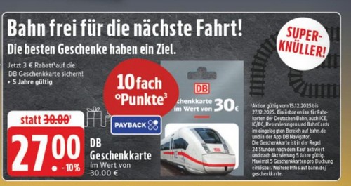 DB Geschenkkarten bei Netto bis 21.12.2025 und Edeka bis 27.12.2025 mit 3 EUR Rabatt und zehnfachen Payback Punkten