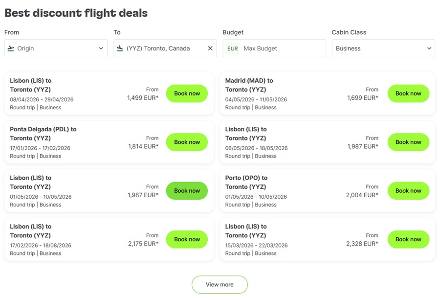 Übersicht der Angeb0te von TAP Business-Class zum Neujahr 2026 - hier von Spanien nach Nord- und Südamerika bei Buchung bis 13.01.2026