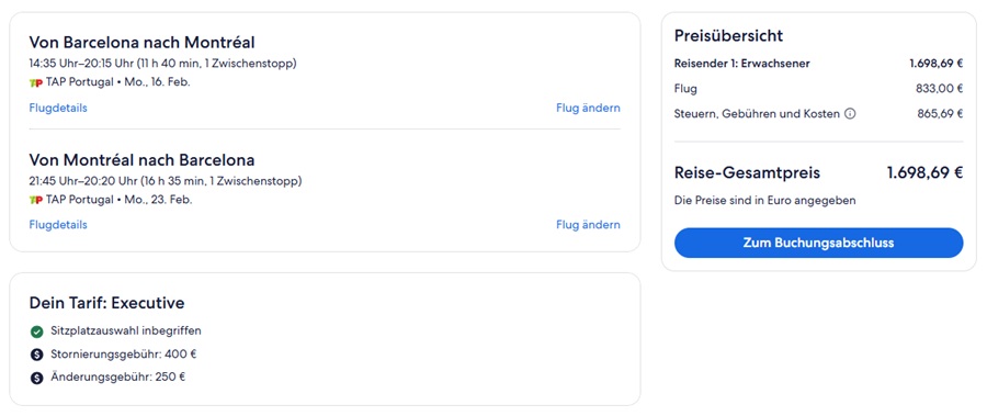 Preisbeispiel zum Neujahr 2026 von Barcelona nach Toronto in der TAP Air Portugal Business-Class bei Buchung bis 13.01.2026 auf Expedia