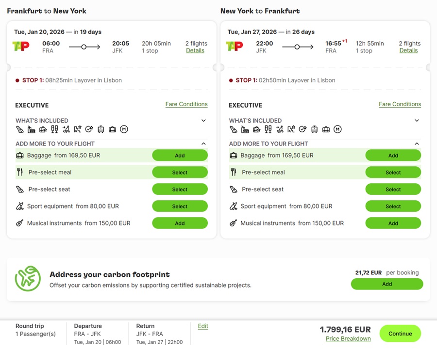 Preisbeispiel zum Neujahr 2026 von Frankfurt nach New York in der TAP Air Portugal Business-Class bei Buchung bis 13.01.2026