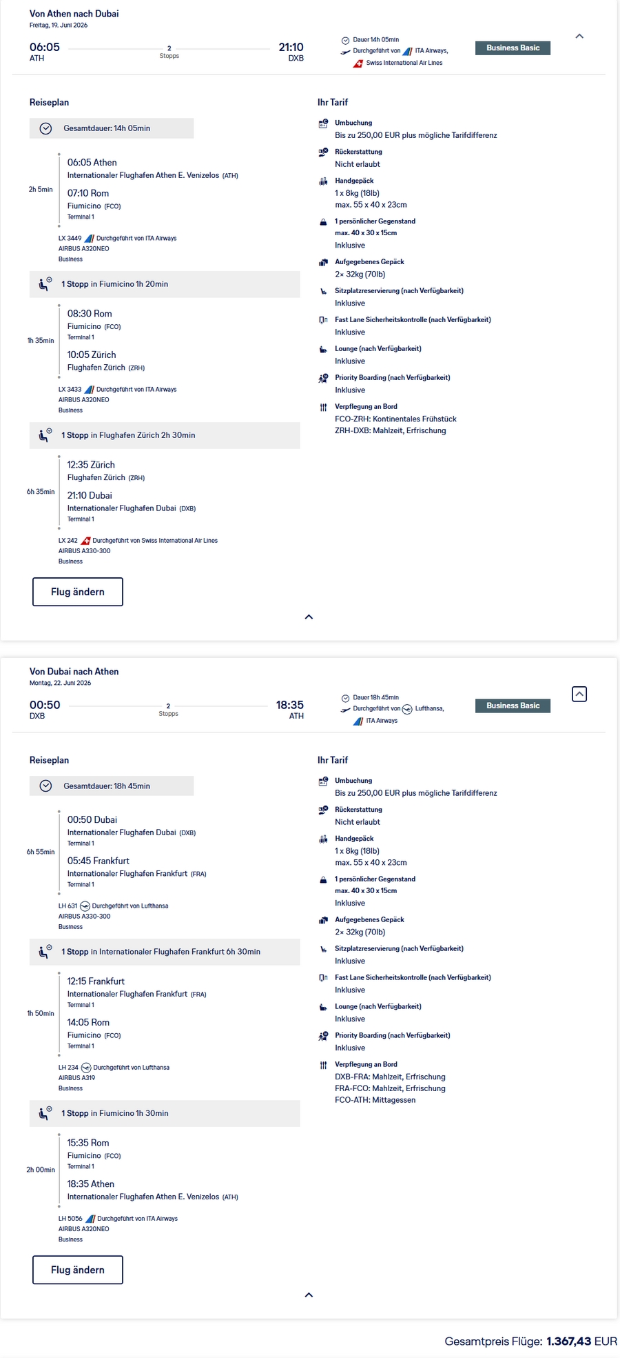 Preisbeispiel für Flüge ab Athen nach Dubai in der Lufthansa Business-Class ab 1.325 EUR