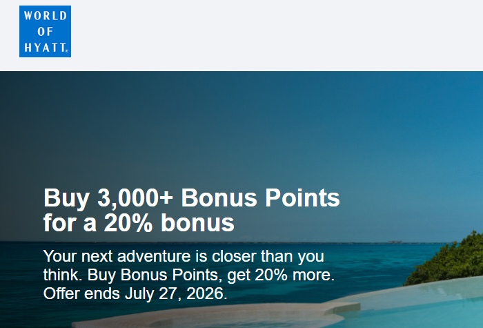 20% Bonus beim Kauf von World of Hyatt Punkten bis 27.07.2026